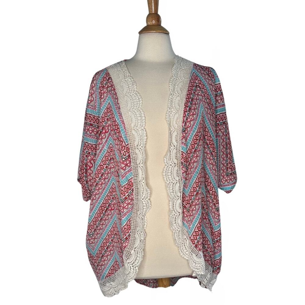 Liberty Love Colorful Chevron Kimono Lace Edging Beachy Open Front Cardigan BR10